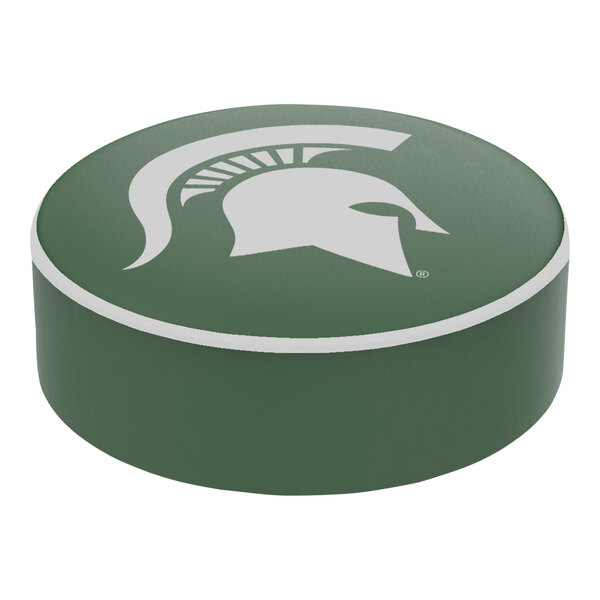 A green and white vinyl bar stool seat cover with a Michigan State Spartans logo.