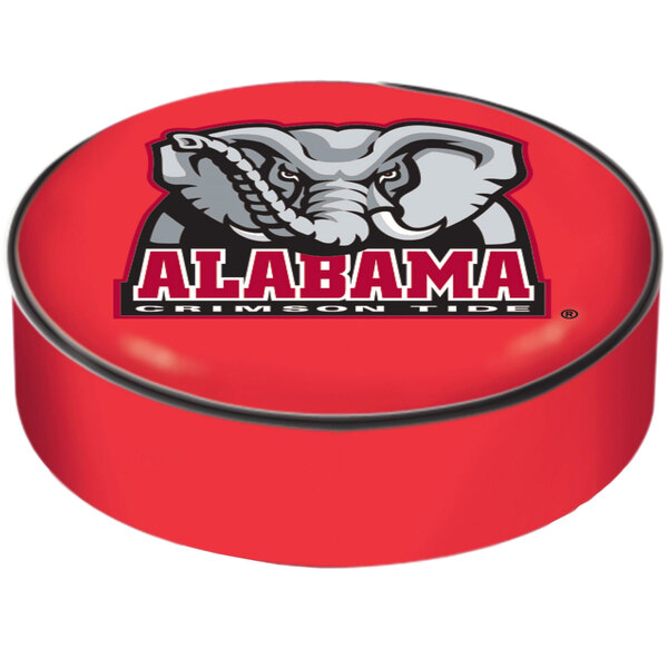 A red round bar stool seat cover with the University of Alabama logo featuring an elephant head.