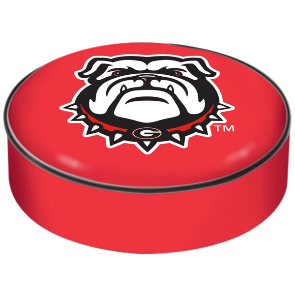 A red round bar stool seat cover with the University of Georgia bulldog logo.