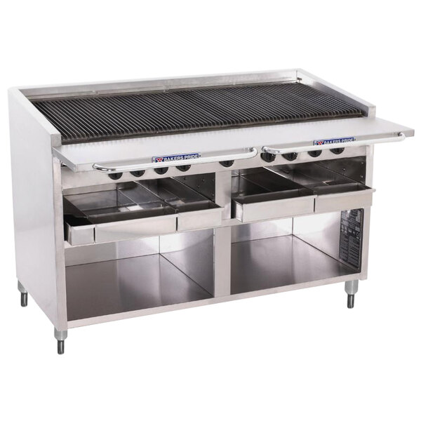 A large stainless steel Bakers Pride charbroiler with radiant burners.