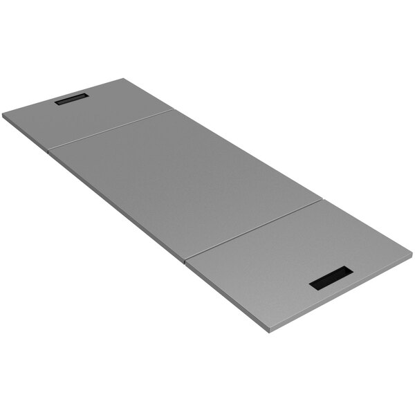 A rectangular stainless steel cover with black handles.