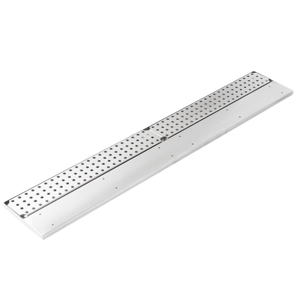 An Advance Tabco stainless steel rectangular drink rail with holes.
