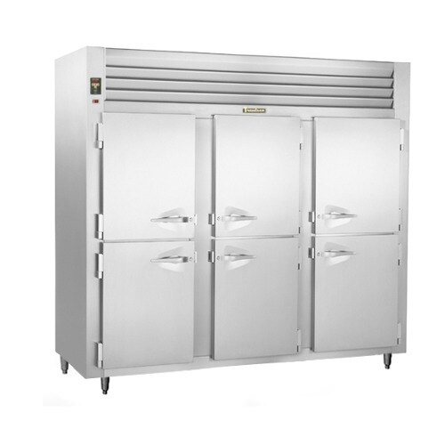 A stainless steel Traulsen reach-in refrigerator with three narrow half doors.