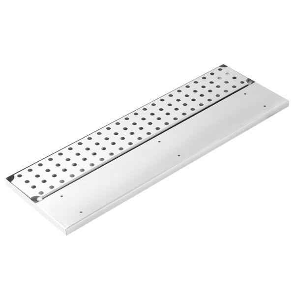 A white rectangular stainless steel bar drink rail with holes.
