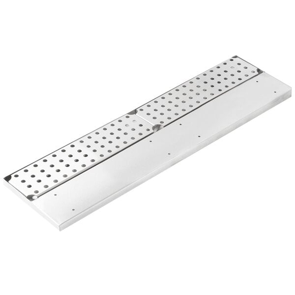A stainless steel rectangular bar drink rail with holes in it.
