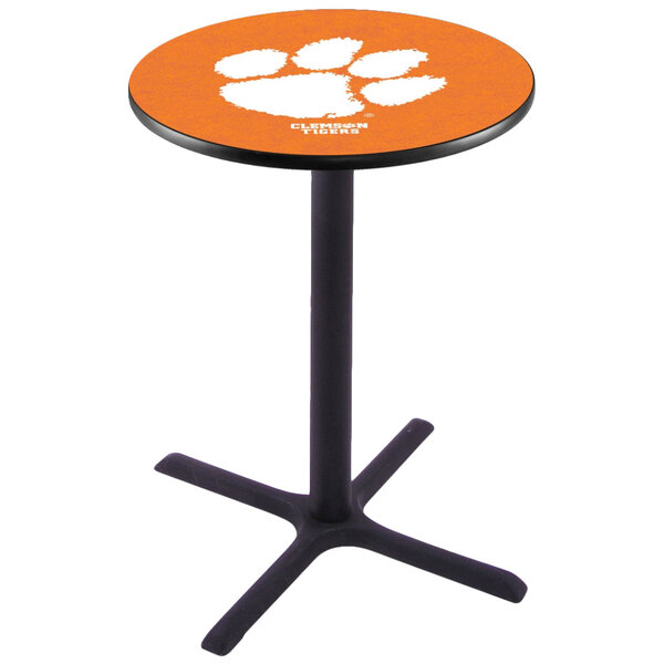 A Holland Bar Stool round counter height pub table with the Clemson University paw print logo on the orange top.