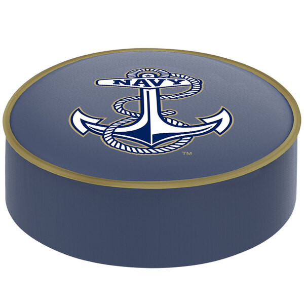 A round navy blue bar stool seat cover with a United States Navy anchor logo.