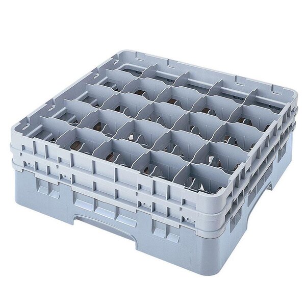 A grey plastic Cambro glass rack container with compartments and extenders.