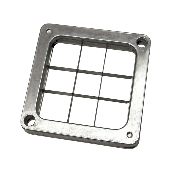 A metal square blade with four holes.