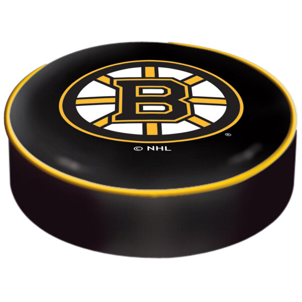 A black and yellow vinyl bar stool seat cover with a white Boston Bruins logo.