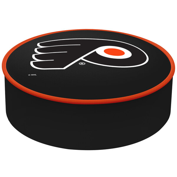 A black round Holland Bar Stool seat cover with a Philadelphia Flyers logo on it.