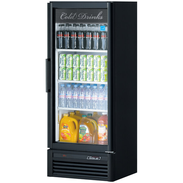 A Turbo Air black glass door refrigerator full of bottled beverages.