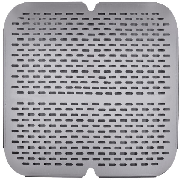 A close-up of a gray metal strainer plate with mesh over holes.