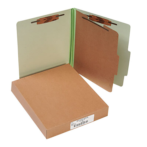 A brown Acco file folder with a green cover.