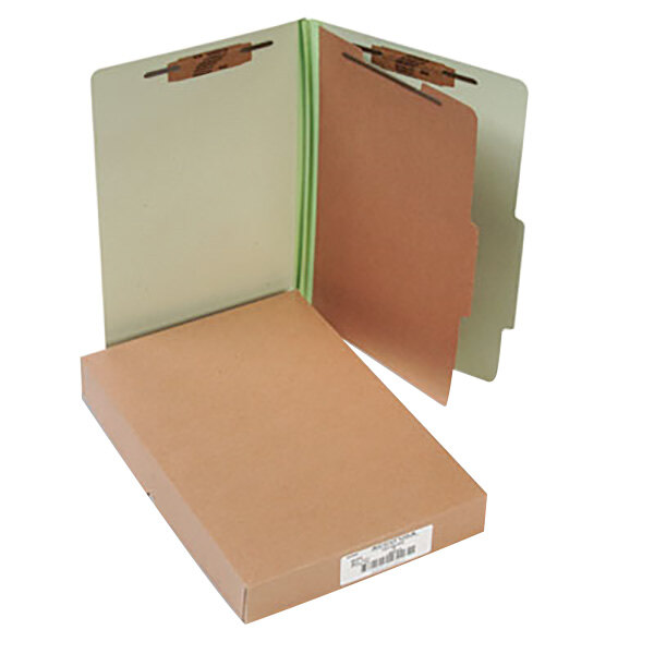 A box of 10 green Acco legal size classification folders.