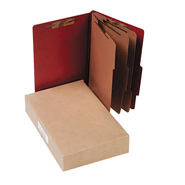 A brown Acco legal size classification folder with a white label on the box.
