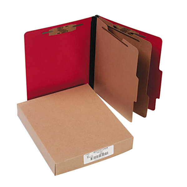 A red box of Acco letter size classification folders.