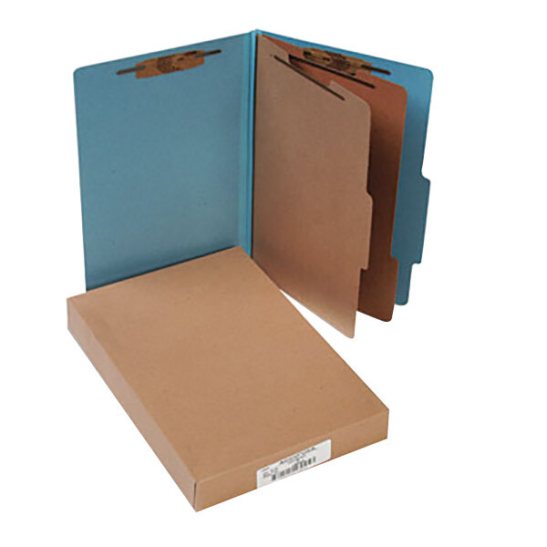 A brown box of 10 Acco legal size classification folders with blue labels.