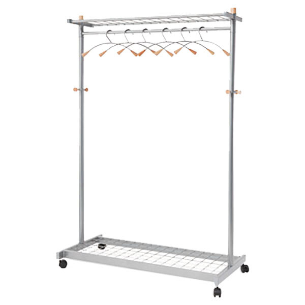 A silver steel Alba double sided coat rack with 6 hangers on it.