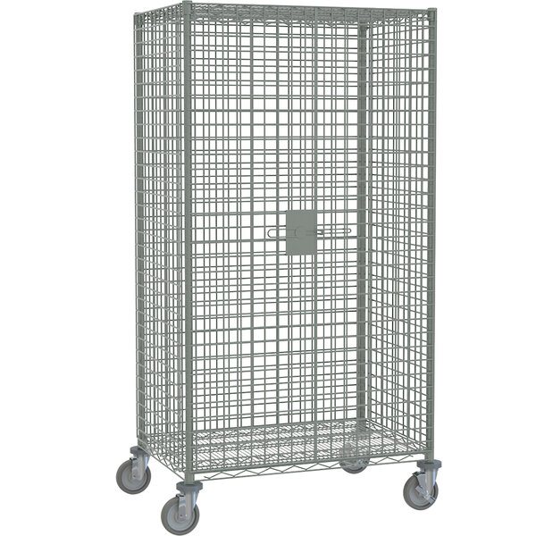 A large metal cage on wheels with a door and a lock.