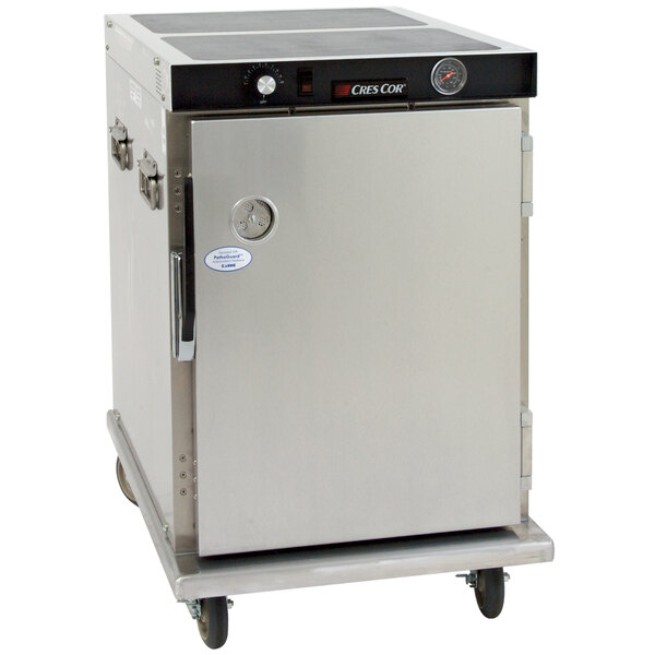 A large silver aluminum Cres Cor holding cabinet on wheels with a black handle.