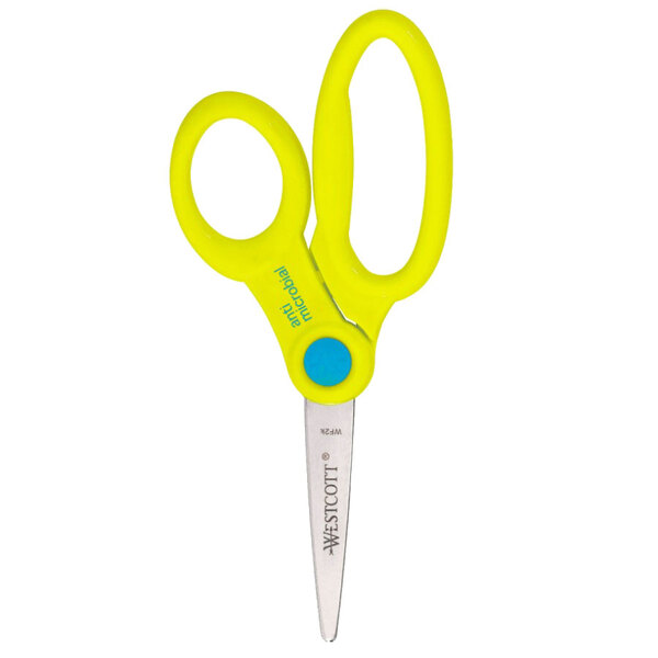 A pair of Westcott yellow scissors with blue handles.