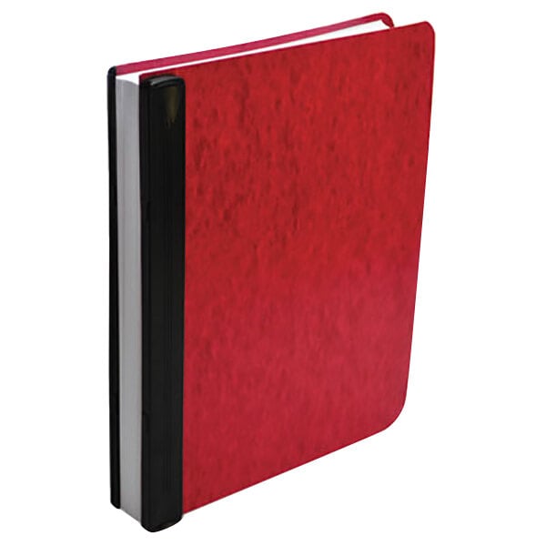 A red Acco hanging data post binder with black corners and 2 fasteners.