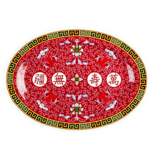 A red and white oval melamine platter with white and black Chinese text reading "Longevity" on it.