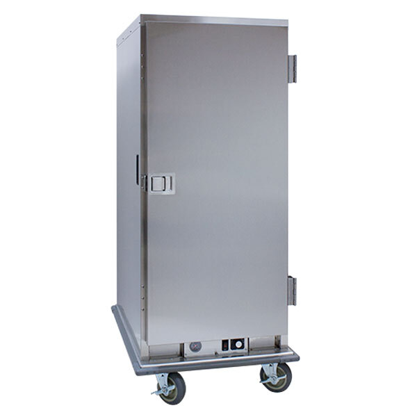 A silver metal Cres Cor heated banquet cabinet on wheels.
