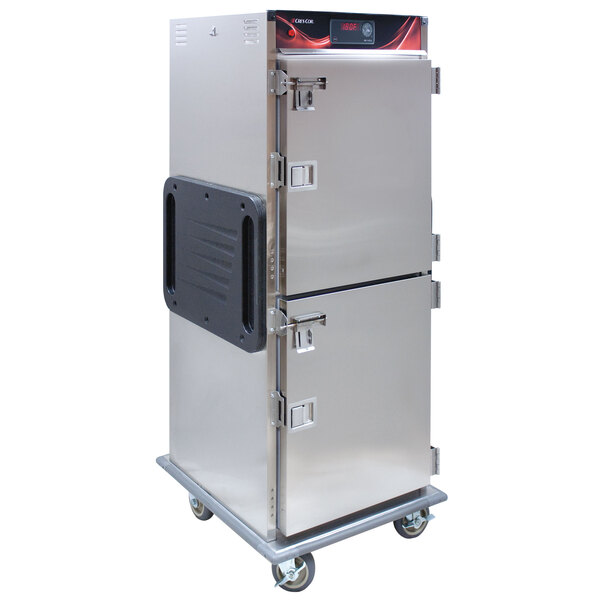 A stainless steel Cres Cor holding cabinet on wheels.