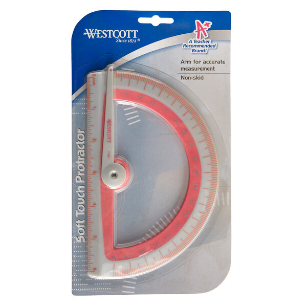 A Westcott plastic protractor with a red and white circle.