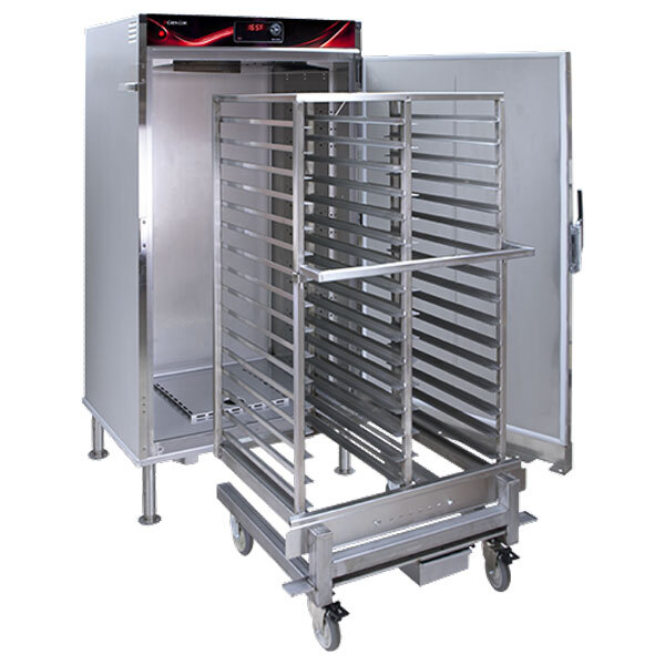 A stainless steel Cres Cor roll-in holding cabinet with racks and trays on a large metal rack in a room.