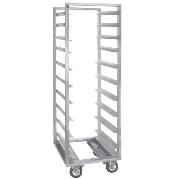 A white metal Cres Cor roll-in refrigerator rack with wheels.