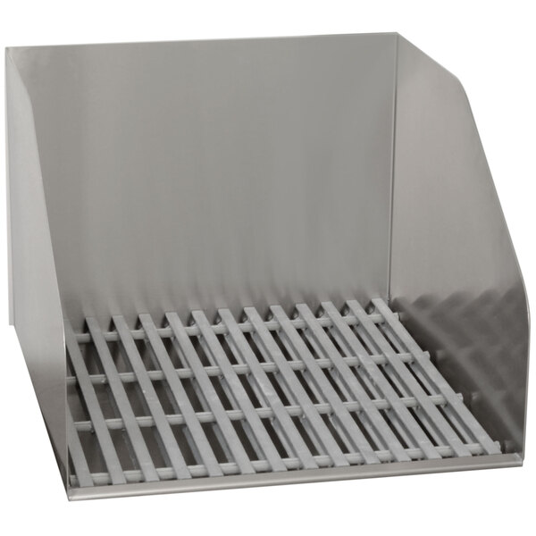 A stainless steel floor mounted mop sink with a fiberglass grate.