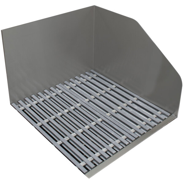 A stainless steel mop sink with a fiberglass grate on top.