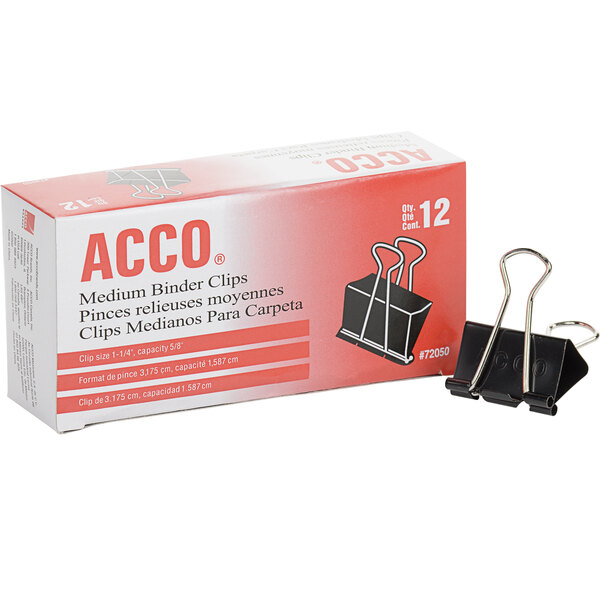 A red and white box of 12 Acco black medium binder clips.