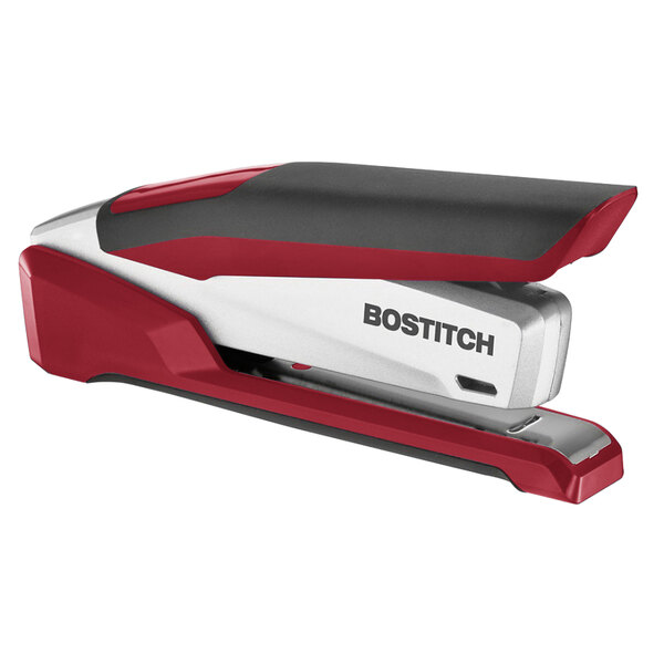 A Bostitch PaperPro inPOWER+ stapler with red and grey trim.