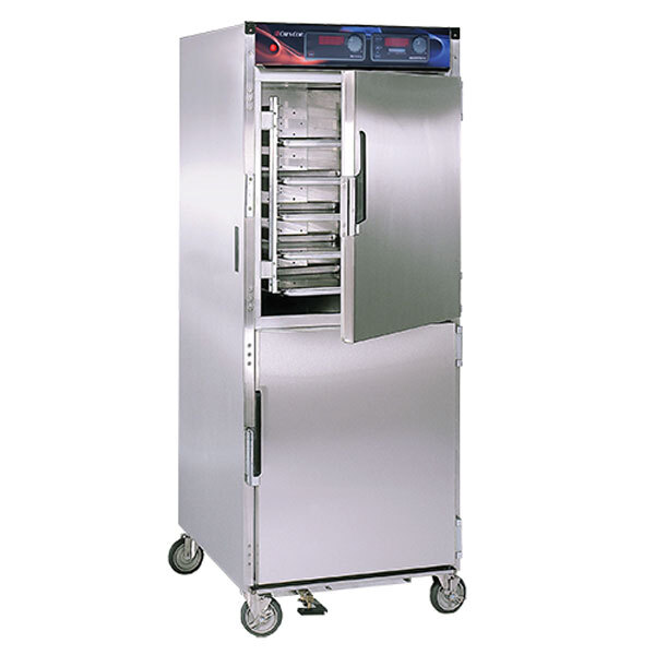 A stainless steel Cres Cor holding cabinet with wheels.