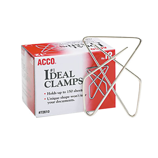 A box of 12 Acco metal paper clamps.