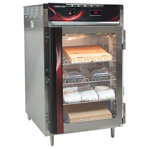 A Cres Cor stainless steel pass-through holding cabinet with trays of food inside.