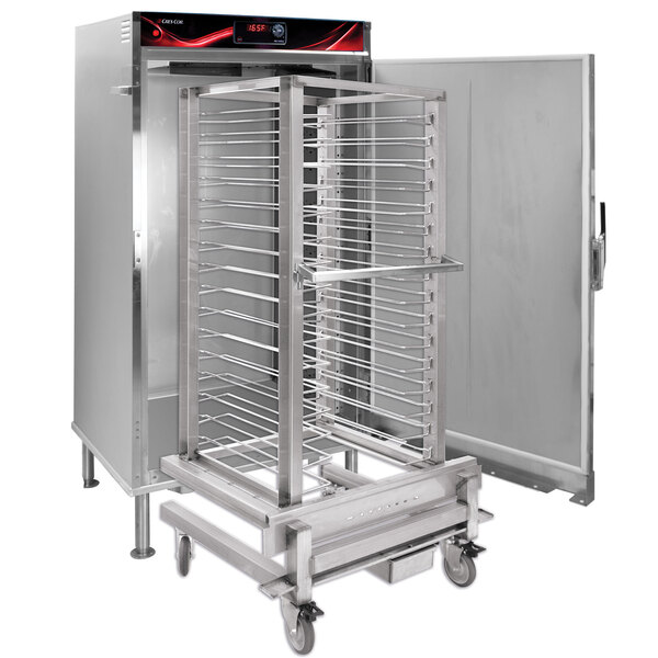 A Cres Cor stainless steel roll-in holding cabinet with roll-in rack.