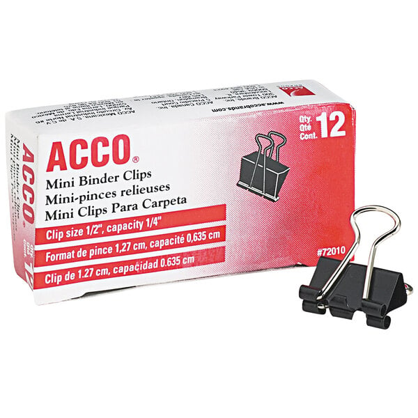 A box of 12 black Acco mini binder clips.