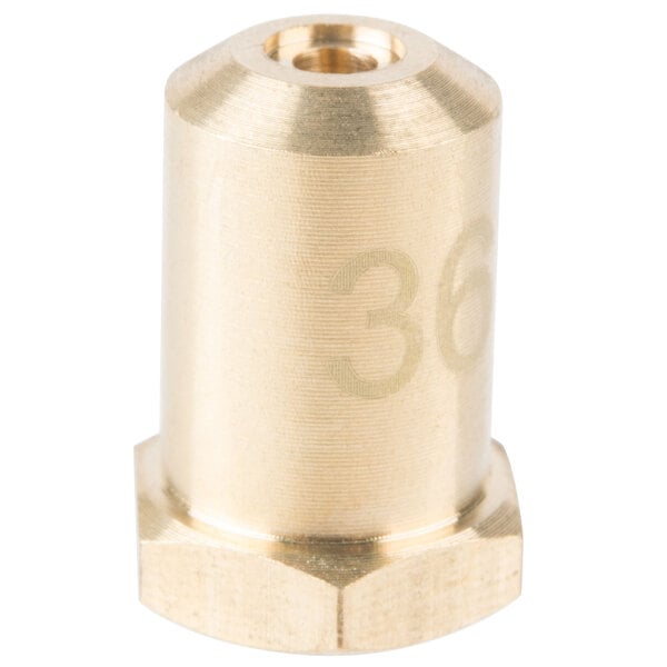 A brass hexagonal nut with the number 36 on it.