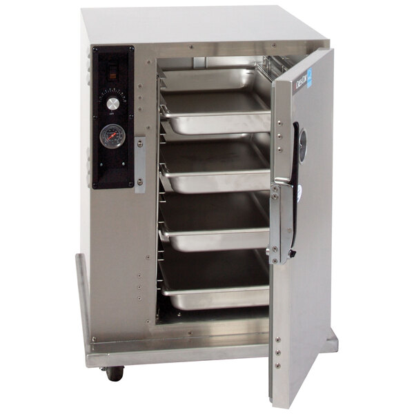 A Cres Cor insulated aluminum holding cabinet with trays inside.