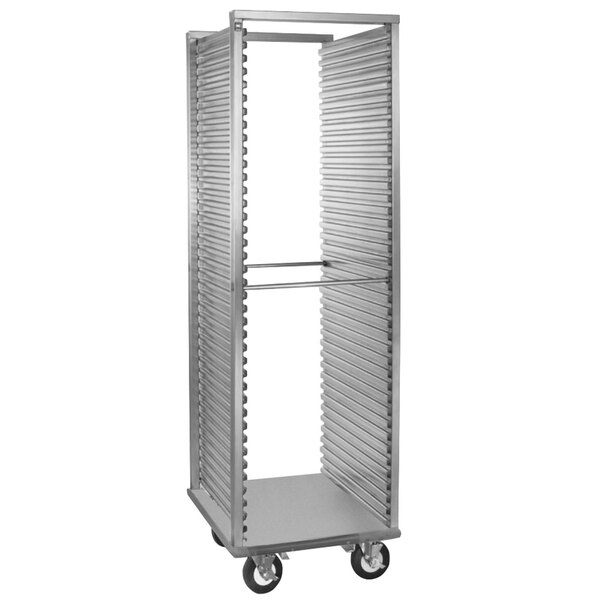 A Cres Cor aluminum sheet pan rack with wheels and a door open.
