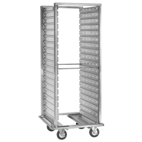 A Cres Cor roll-in refrigerator rack with rectangular shelves for food pans.