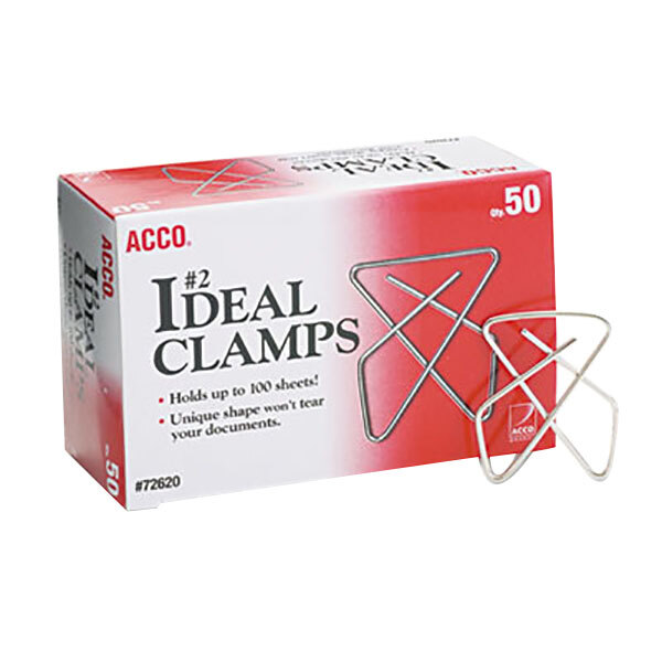 A box of 50 Acco metal paper clamps.
