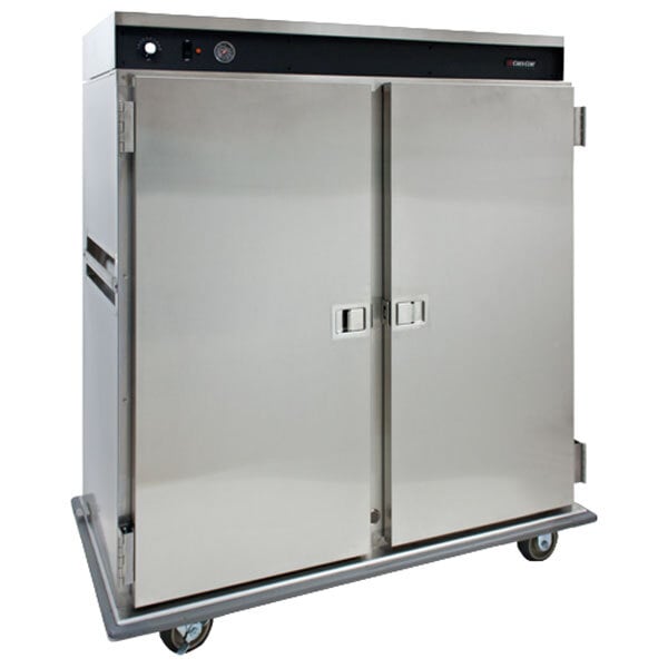 A large silver stainless steel Cres Cor heated banquet cabinet with two white doors on wheels.