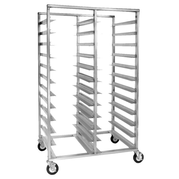 A silver metal Cres Cor sheet pan rack with wheels holding 20 trays.