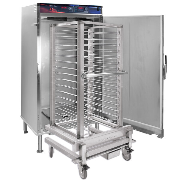 A Cres Cor stainless steel roll-in holding cabinet with racks.